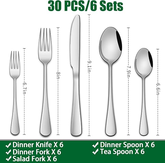 DEHOV 30 Pieces Silverware Set, Premium Stainless Steel Flatware Set Service for 6, Mirror Polished Tableware Cutlery Set for Home Kitchen, Restaurant, Hotel