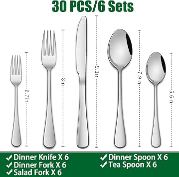 DEHOV 30 Pieces Silverware Set, Premium Stainless Steel Flatware Set Service for 6, Mirror Polished Tableware Cutlery Set for Home Kitchen, Restaurant, Hotel