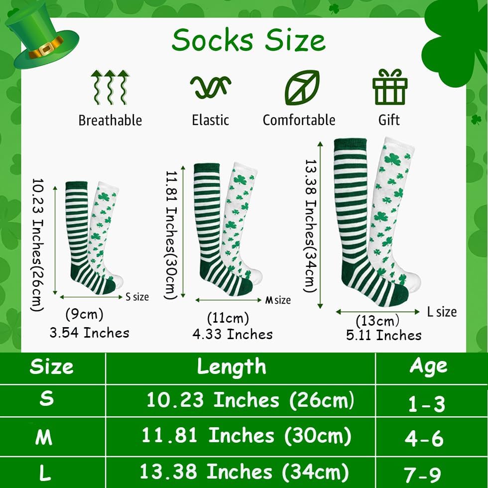 2 Pairs St. Patricks Day Socks for Kids, Knee High Shamrock Socks for Irish Party St Patrick's Day