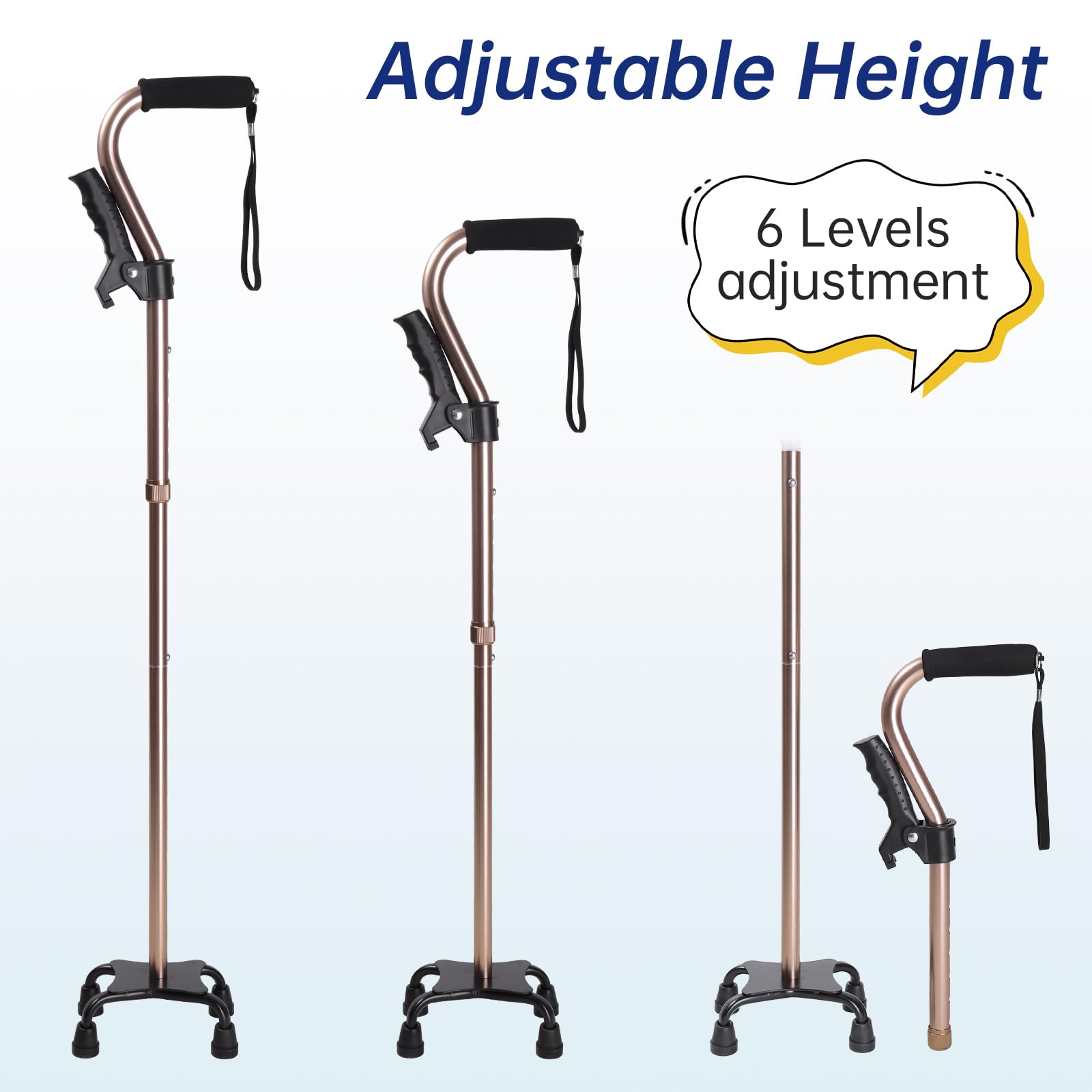 Quad Walking Cane Verstellbarer Herren & Damen, Faltbarer Gehstock für Senioren, Leicht & Stabil mit 4-Zinken-Basis für Extra Stabilität, Krücke mit Schaumstoff Gepolstert