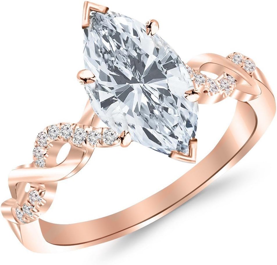 Houston Diamond District 0.5 Carat Twisting Infinity Gold and Diamond Split Shank Pave Set Marquise Cut Diamond Engagement Ring (0.37 Ctw G Color SI1 Clarity Center Stone)