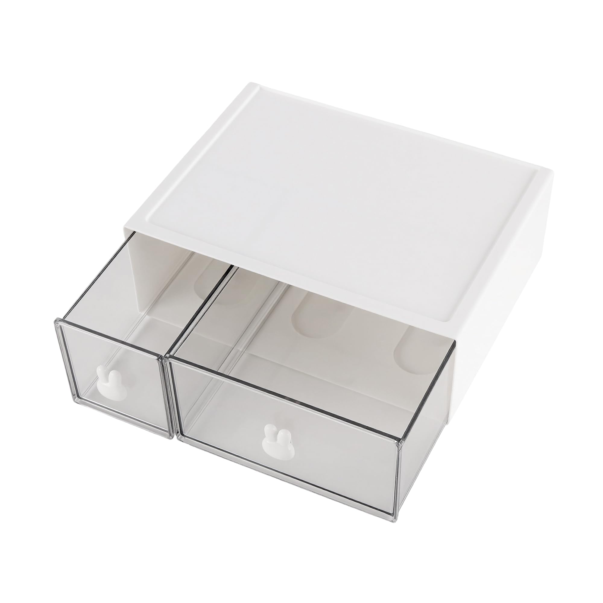 SINJEUN 2 Stück Stapelbare Teebox mit 2 Schubladen, Weiß Kunststoff Teebeutelbox mit Aufkleber, 23 x 17 x 8 cm Teebox Schubladenbox für Aufbewahrung Tee, Kaffee, Küche, Bad