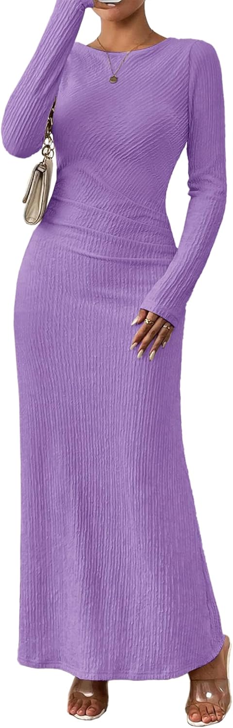 MITILLY Fall Dress for Women 2025 Long Sleeve Maxi Dress Formal Crew Neck Bodycon Ruched Cocktail Party Dresses