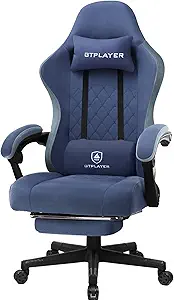 GTPLAYER Gaming Chair with Footrest Fabric Office Chair with Pocket Spring Cushion and Linkage Armrests, High Back Ergonomic Computer Chair with Lumbar Support Task Chair for Adult (Deep Blue)