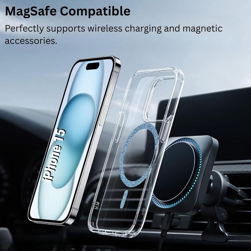 Image of AIBEX Back Cover Case Compatible with iPhone 15 | Glitter Ring Cute Shiny Colorful Bling Case (Compatible with Magsafe) | Transparent PC+TPU Glossy Shiny Cover for Girls & Women - Blue