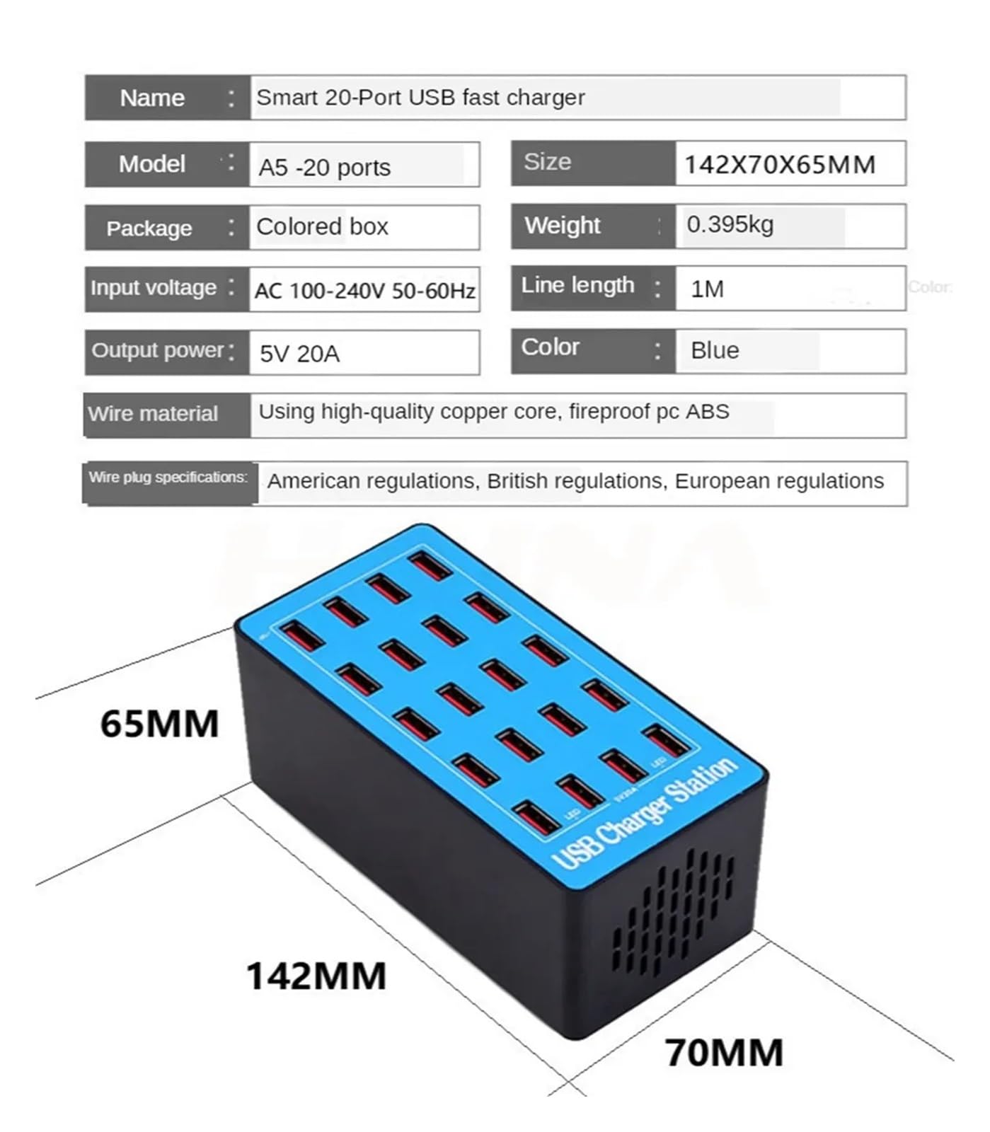 Caricatore USB multiplo da 100 W con 20 porte Caricatore rapido Caricabatterie for telefono Caricabatterie da tavolo for stazione di ricarica HUB multi USB