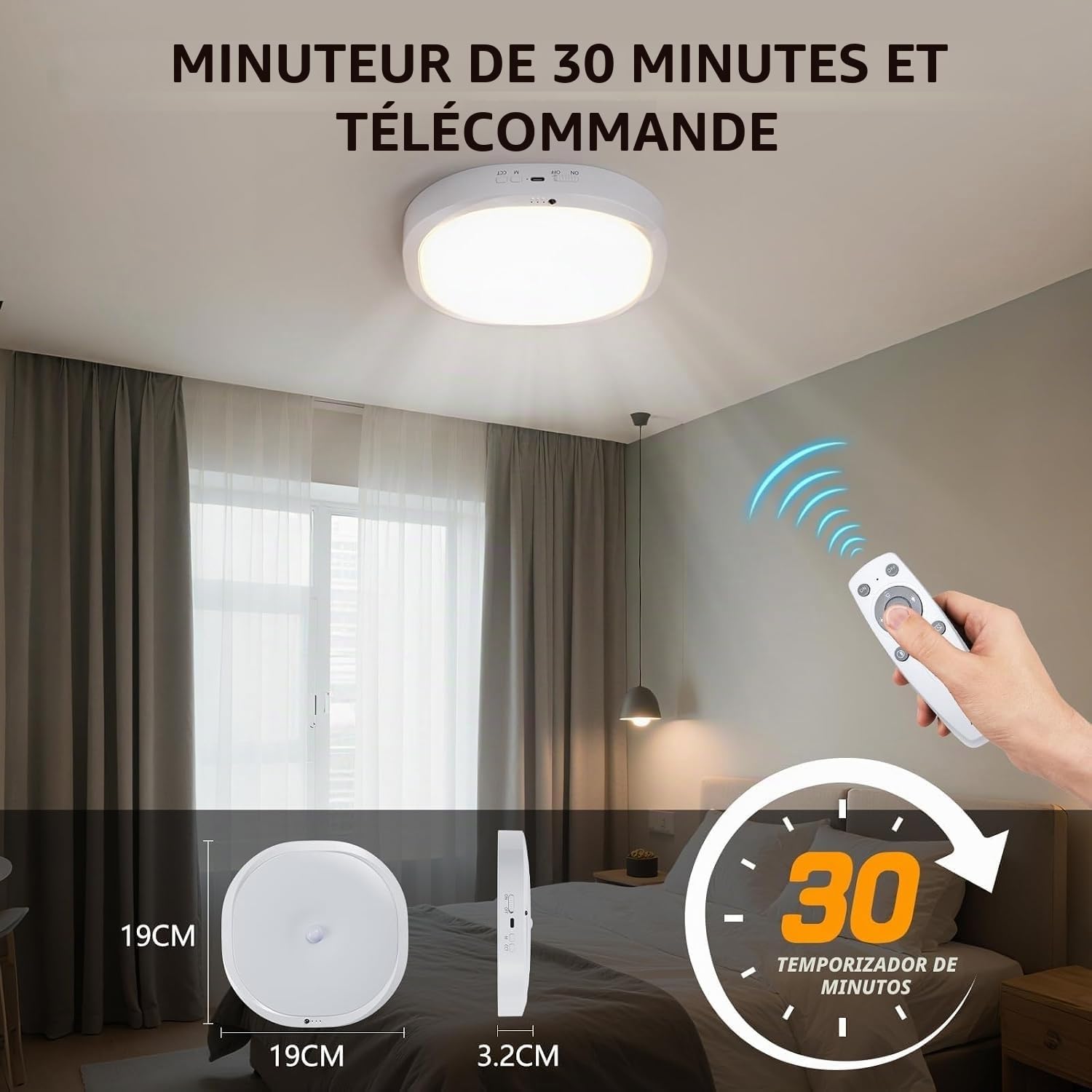 Lampe de Plafonnier avec Batterie 10000mAh, Détecteur de Mouvement