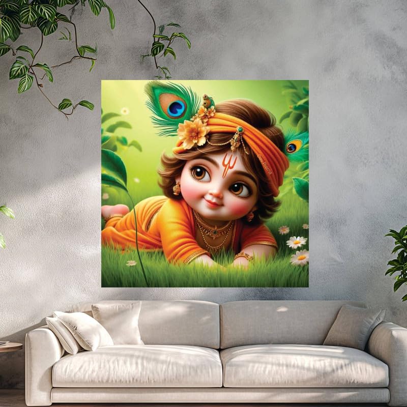 Image of British Terminal Cute little Bal Gopal Baby God Krishna| Kanha Ji | Laddu Lord Makhan Chor Painting Religious Poster for Pregnant Women for wall (matt thin vinyl,sticker,multicolor,unframed)| bj162