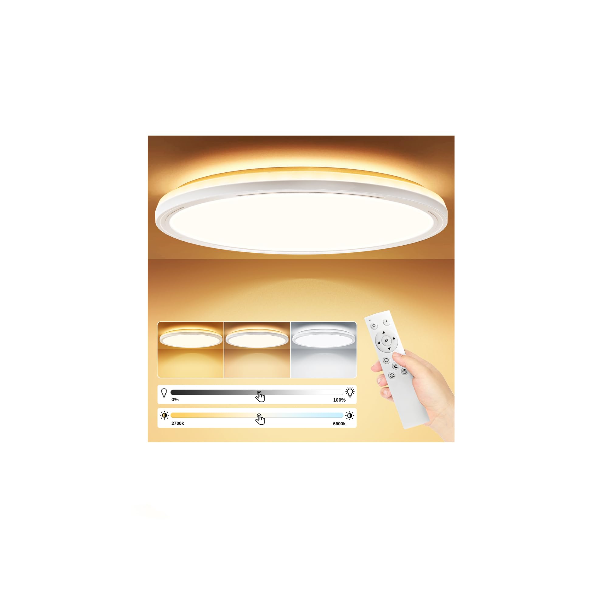 Lampa Sufitowa LED, 24W 2642LM, Lampa Sufitowa z Pilotem Zdalnego Sterowania i Podświetleniem, Dimmable 3000K-6500K Lampa Sufitowa, Ultra Cienka, do Sypialni, Kuchni, Korytarza, biura Φ30cm