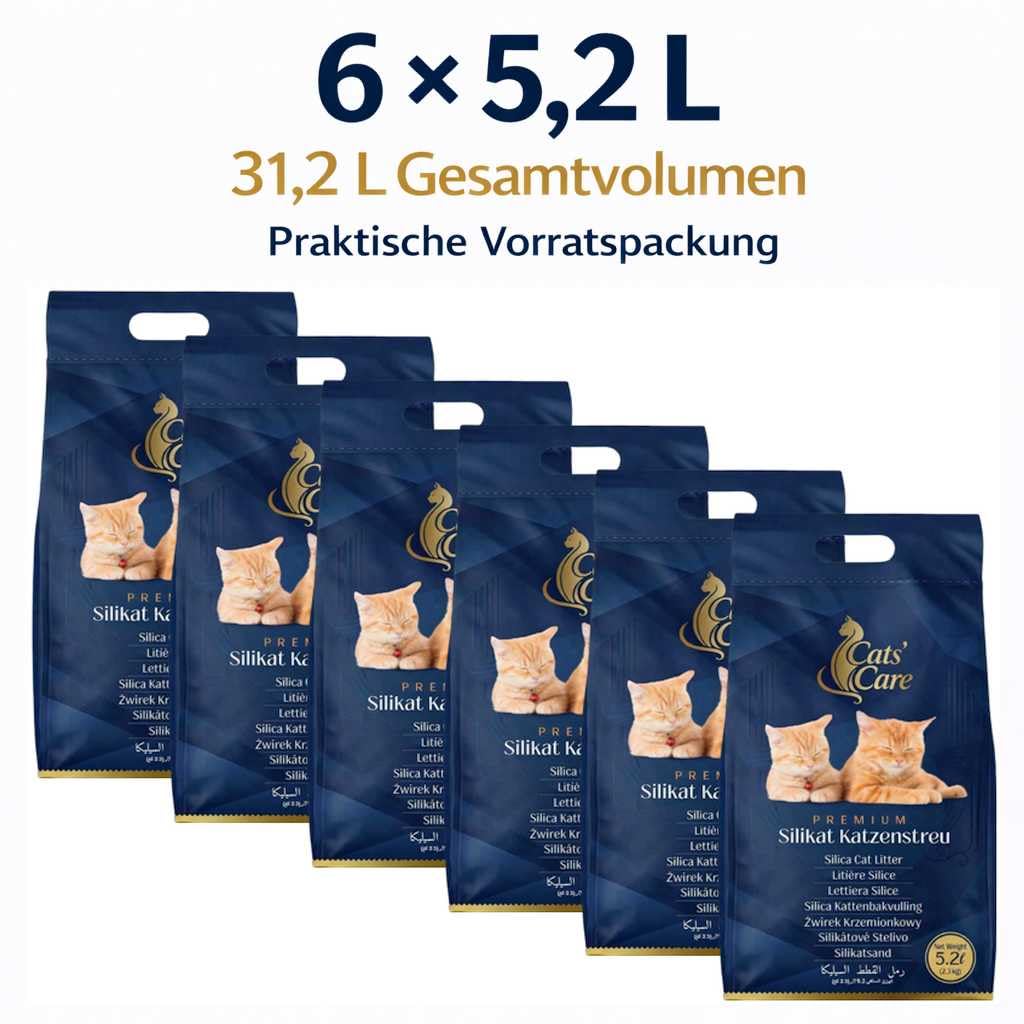 6 x 5,2 L Cats' Care® Lettiera Silice Premium per Gatti – Ultra Assorbente & Anti-Odore – 31,2 L