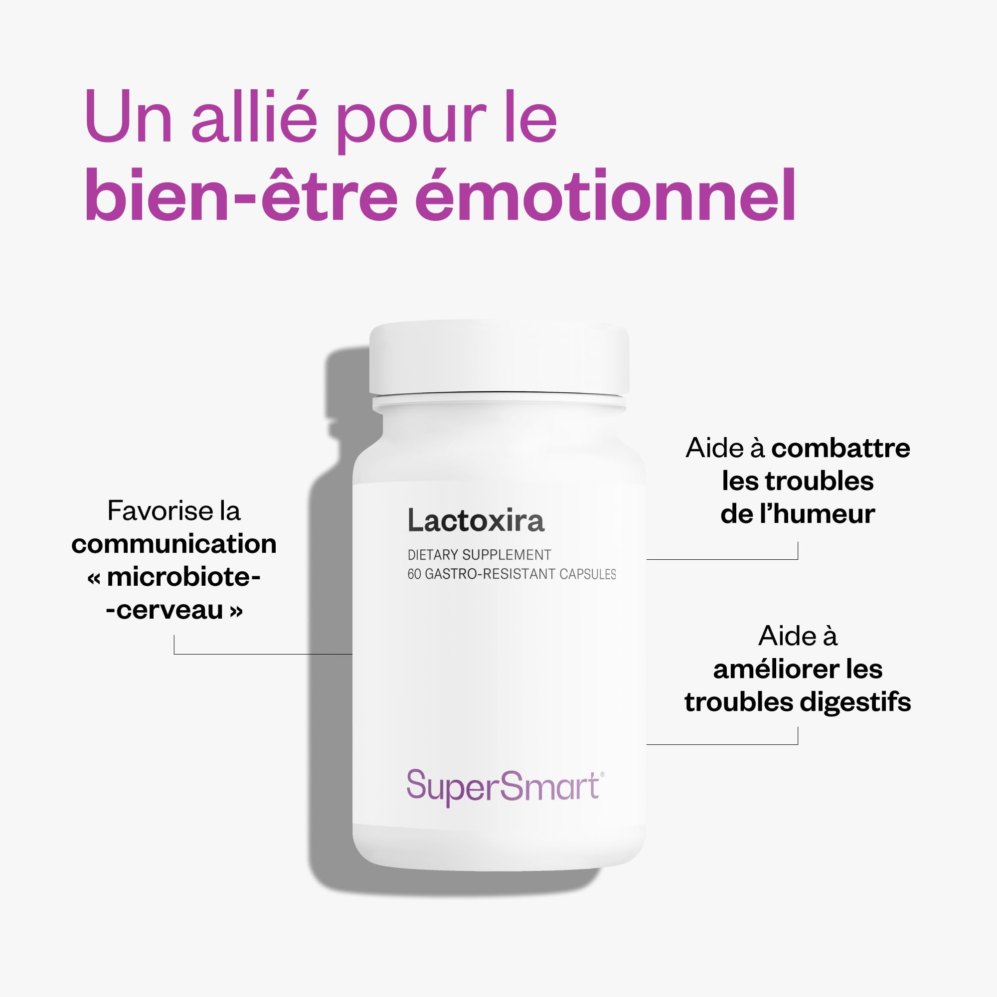 Lactoxira - Contribue à Supprimer les Troubles de l'Humeur - SuperSmart | Micro-Organismes Dont Lactobacillus Casei & Bifidobacterium Longum - Sans OGM - 60 Capsules DR