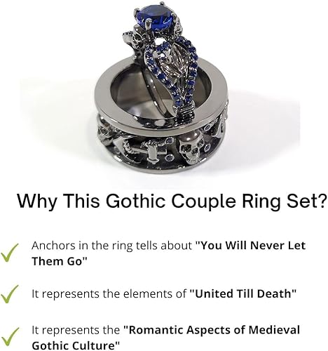 Vista 5 de Juego de alianzas de boda con diseño de calavera para parejas con diseño de zafiro azul, acabado de metal, plata de ley 925, Plata de ley 925