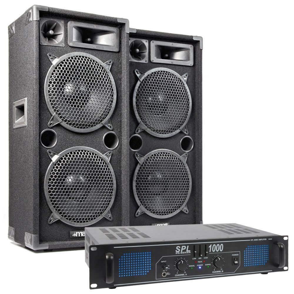 MAX DJ Lautsprecher Set 1000W – Komplettset mit SPL1000 Verstärker & 2X MAX210 PA Boxen – Lautsprecher mit Verstärker, 3-Wege System, EQ, Cinch & Klinke Eingänge – PA Anlage für DJ & Party