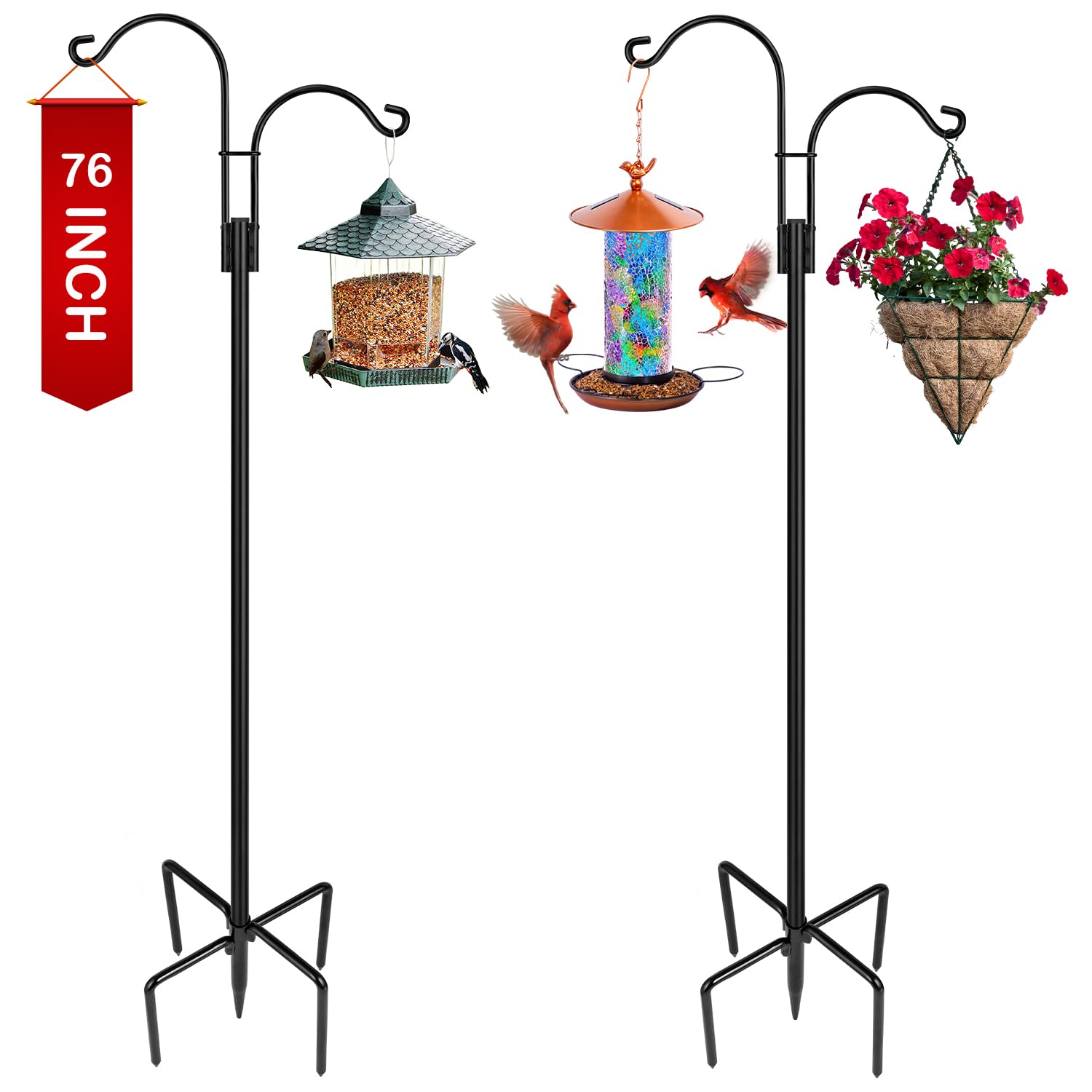 XDW-GIFTS Double Shepherds Hooks for Outdoor, 2-Pack Heavy Duty Garden Pole for Hanging Bird Feeder, Plant Baskets, Solar Light Lanterns, Garden Plant Hanger Stands with 5 Base Prongs