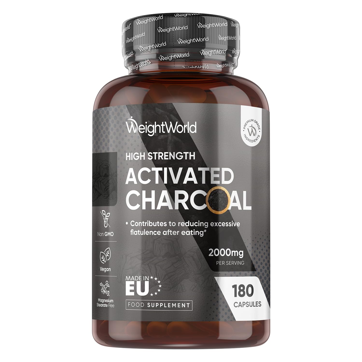 Weightworld Activated Charcoal Capsules 2000Mg - 180 Vegan Capsules - Natural Digestion Supplement For Gut Health