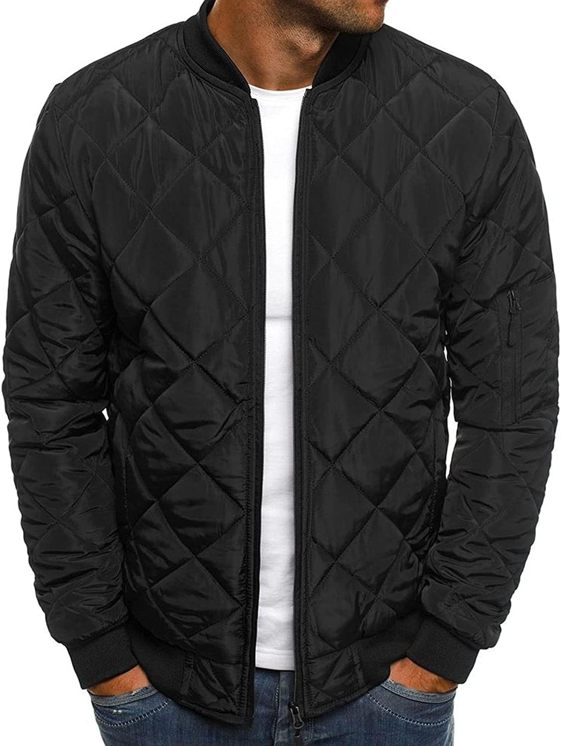 JEKE-DG Men Down Jacket Sherpa Lined Quilted Coat Puffer Clothes Hiking Windbreaker Waterproof Ski Warm Winter Snow Raincoat (Medium,Black)