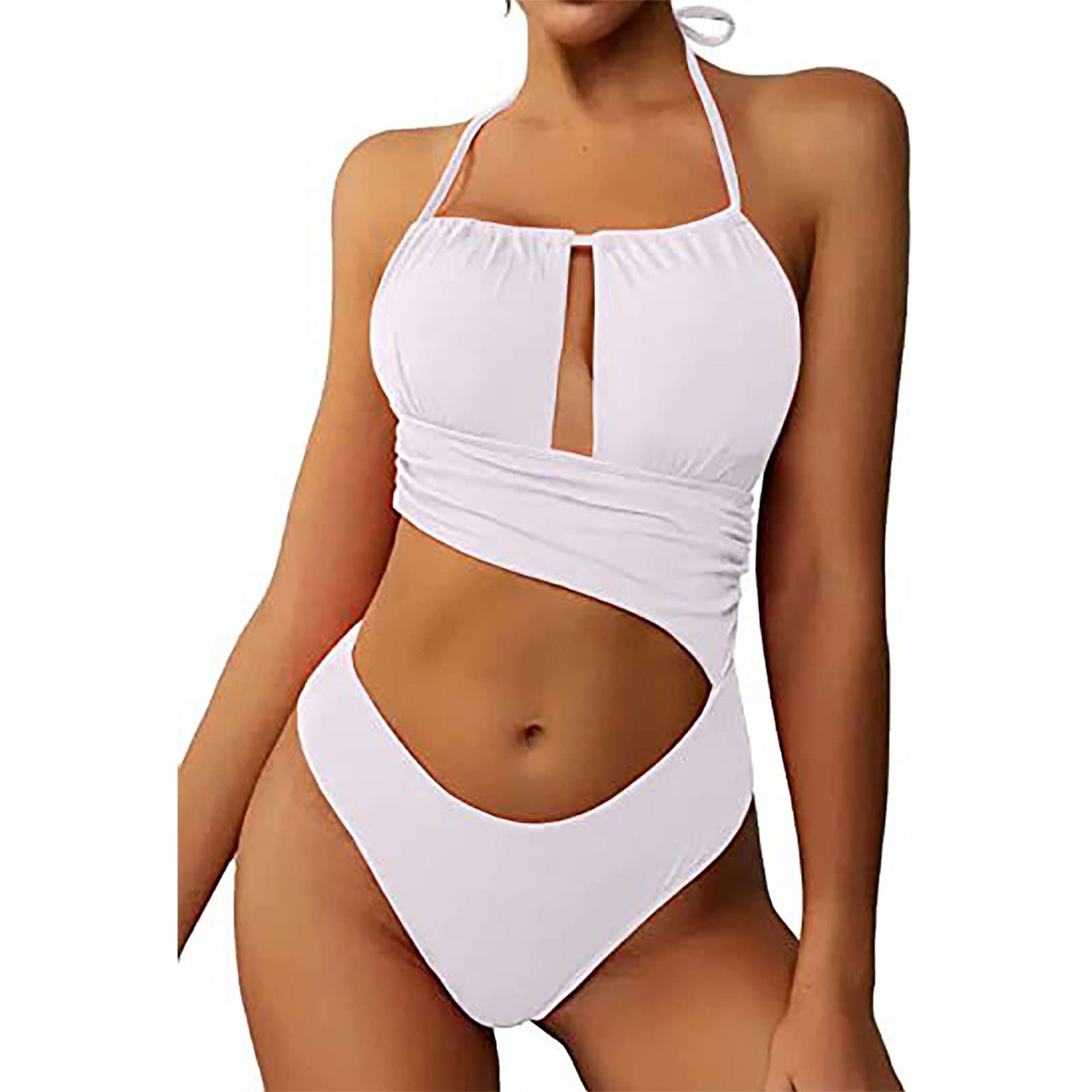 Women's Fashion U-Neck Backless Bathing Suits High Waist Split Bikini Swimsuits Solid Colour Swimwear (Two Piece)