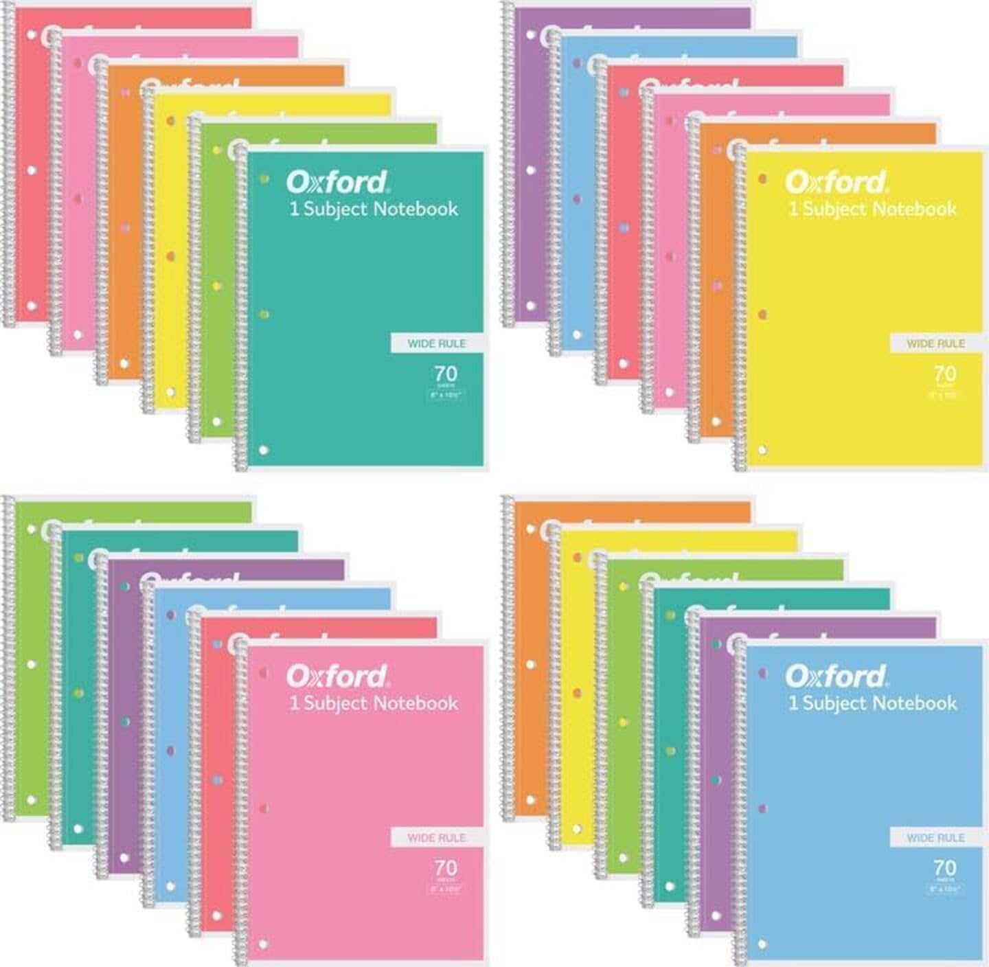 Oxford - Spiral Notebook 24 Pack of 8 Pastel Colors, 1 Subject, Wide Ruled, Notebooks for School - 8x10.5 Inch - 70 Sheets