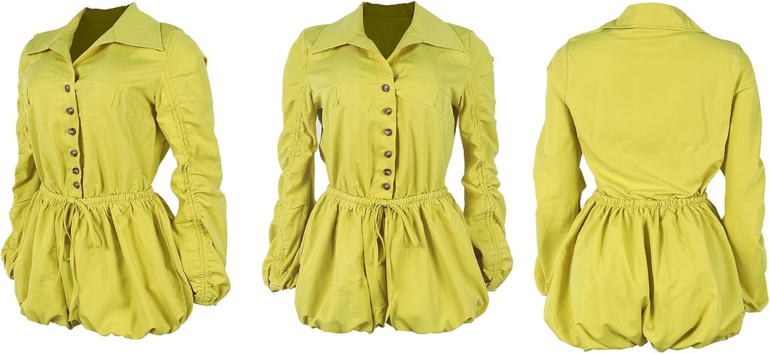 Spring Rompers for Women 2026 Casual Ruched Drawstring Long Sleeve Bodycon One Piece Shorts Romper - Image 6