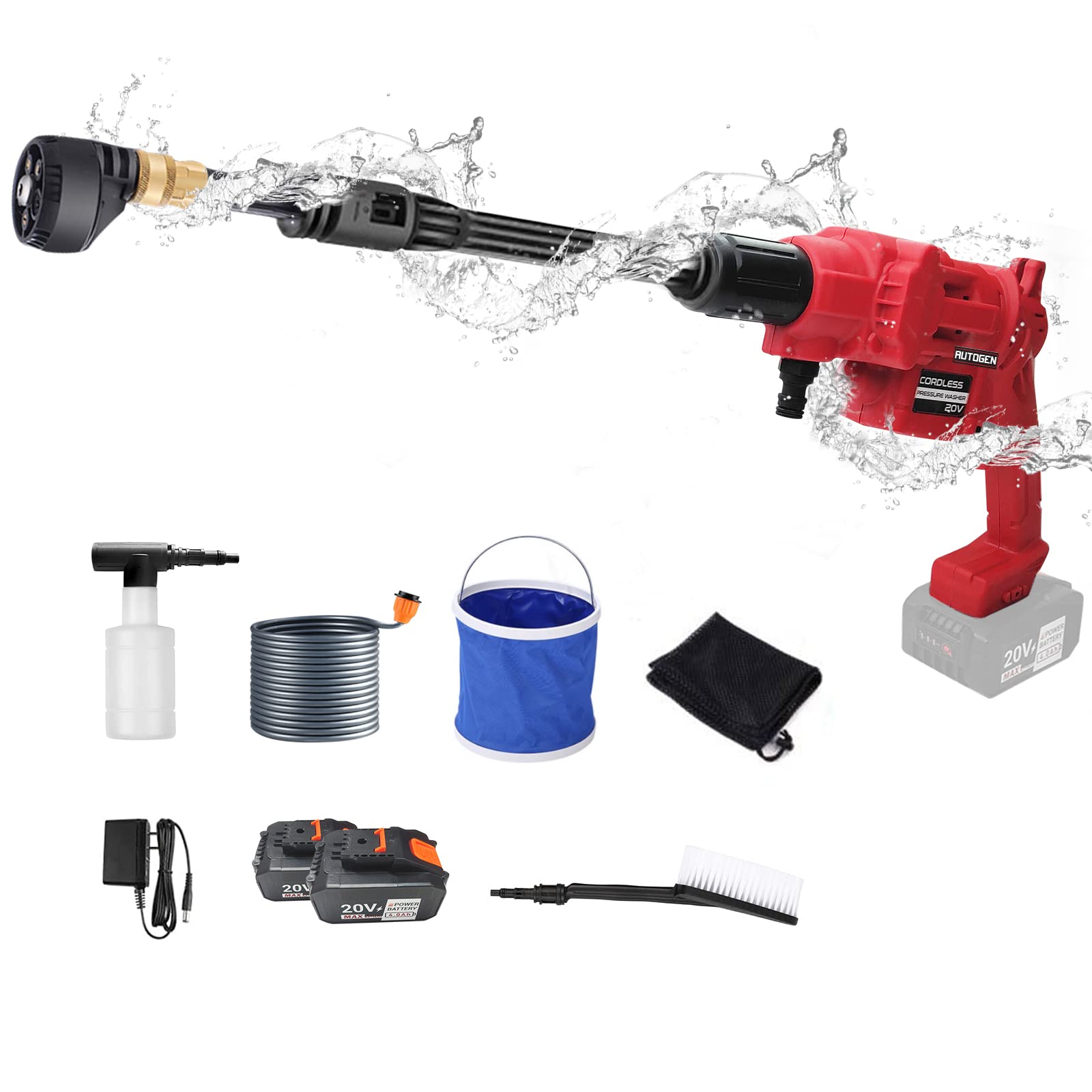AUTOGEN Portable Pressure Washer, 650PSI Cordless Power Cleaner, 20V 4.0Ah Battery Pressure Washer with 6-in-1 Multi-Function Nozzle Accessories Kit (2 X 20V Battery and Charger Included)