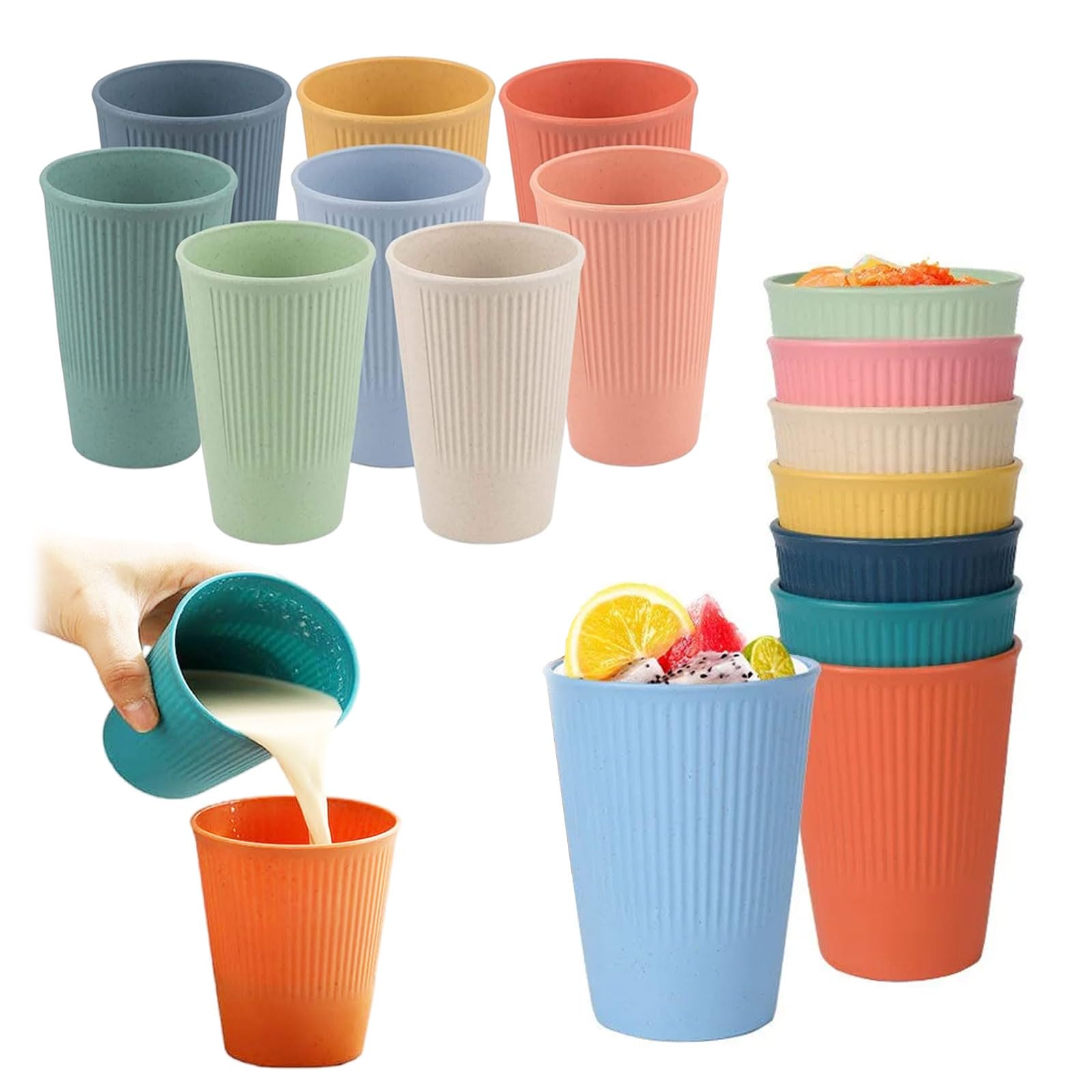 Bugucat Drinkbeker, 8 stuks, 280 ml, herbruikbare koffiekopjes, beker van gezond PP, onbreekbare beker voor koffie, thee, melk, sap, cola, kopjesset voor barbecue, picknick, feest, zwart