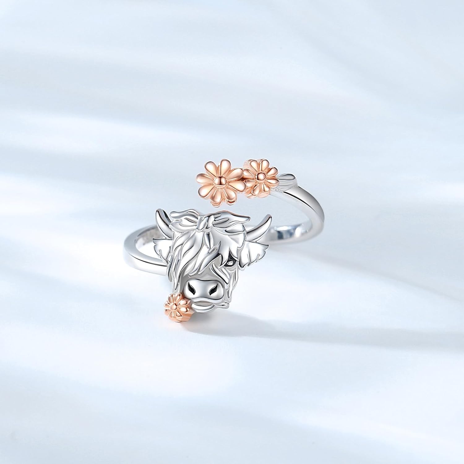 BEILIN Highland Cow Open Ring - 925 Sterling Silver Cute Animal Adjustable Rings Cow Jewelry Gift for Birthday Mother‘s Day, white - Image 3