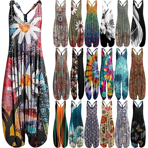 OIOLOYJM Summer Plus Size Boho Overalls for Women 2025 Fashion Jumpsuits Loose Fit Rompers Floral Printed Baggy Harem Pants