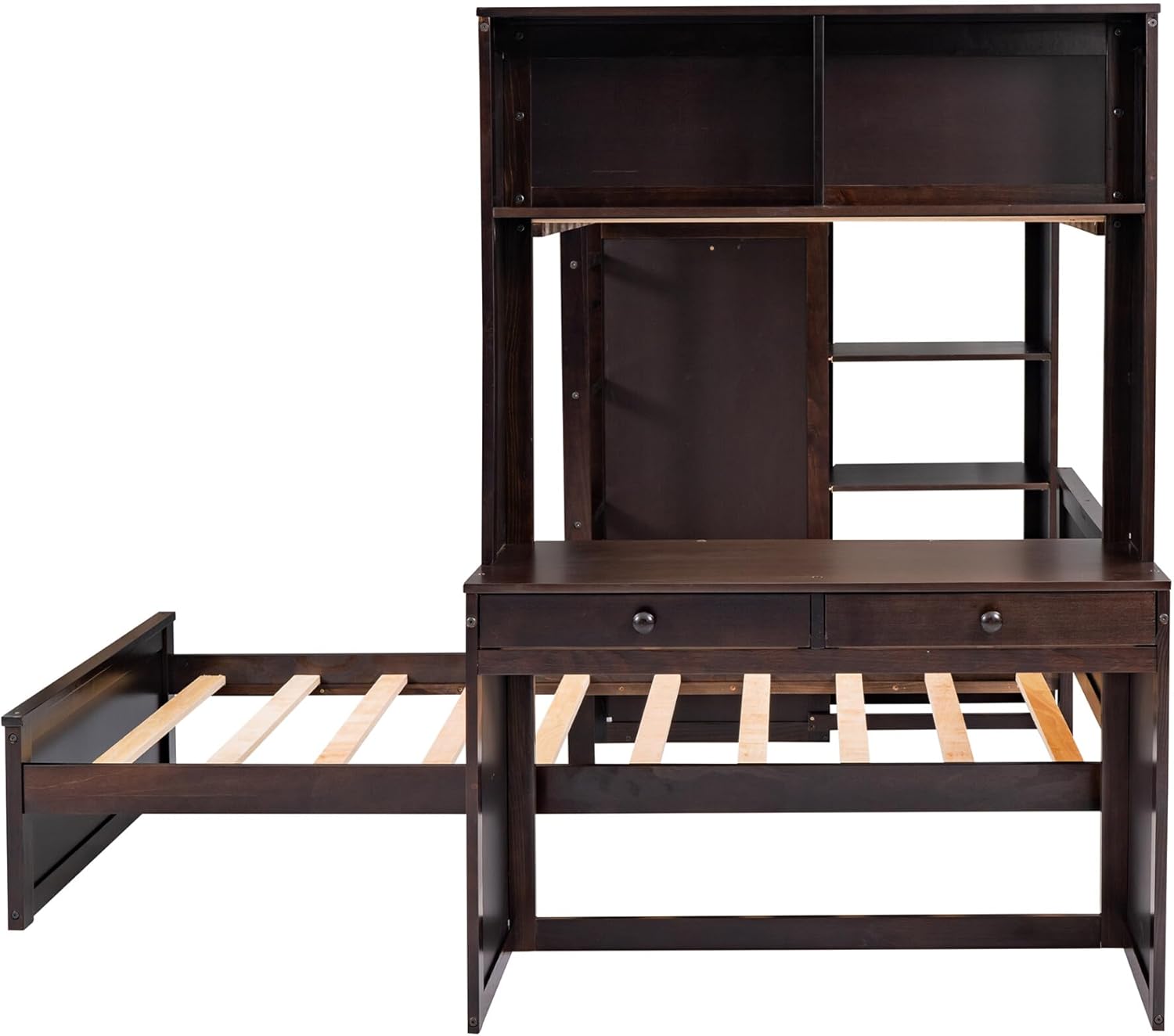 TRIPLE TREE Loft Bed Desk and Shelves with Lower Bed Pulled Out