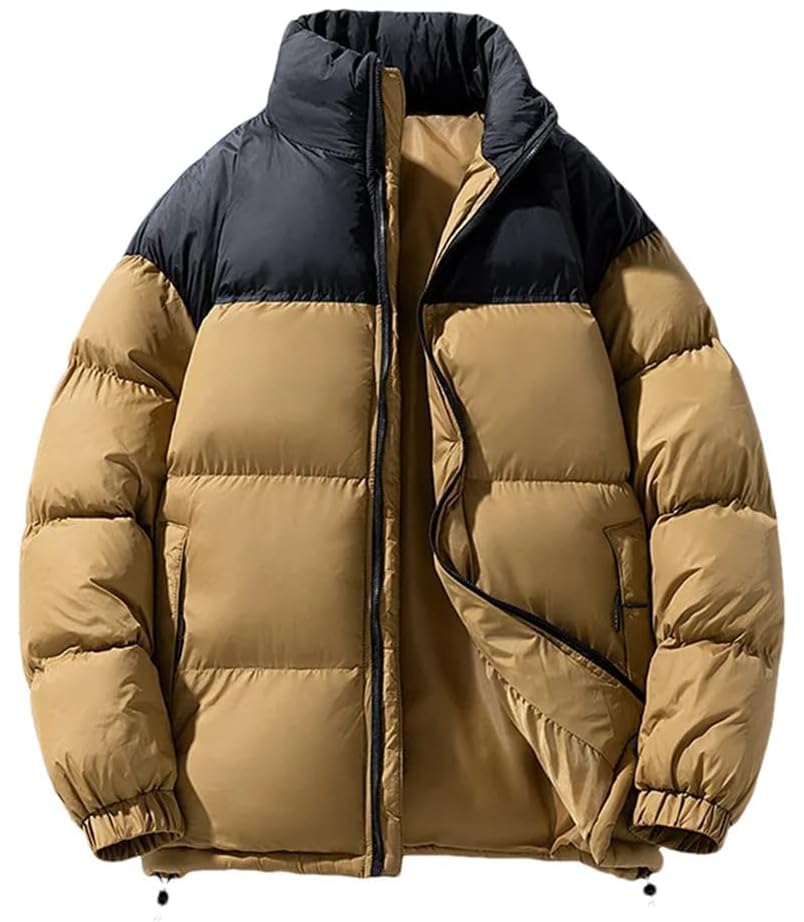 Men's Puffer Jacket Thickened Winter Coat Warm Stand Collar Color Block Zip Up Jacket Ski Bubble Coat