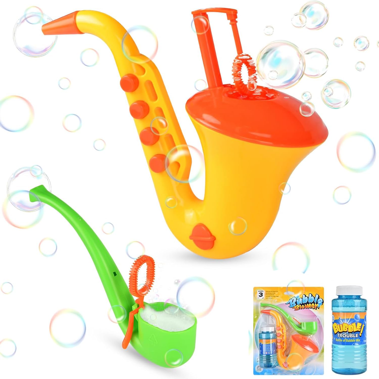 2Pcs Bubble Machine Toys Set, Saxophone Bubble Gun & Pipe with Bubble Liquid, Bubbles for Kids Adults, Colorful Fun Bubble Toys, Stress Relief Garden Games for Adults Kids Outdoor Party Backyard