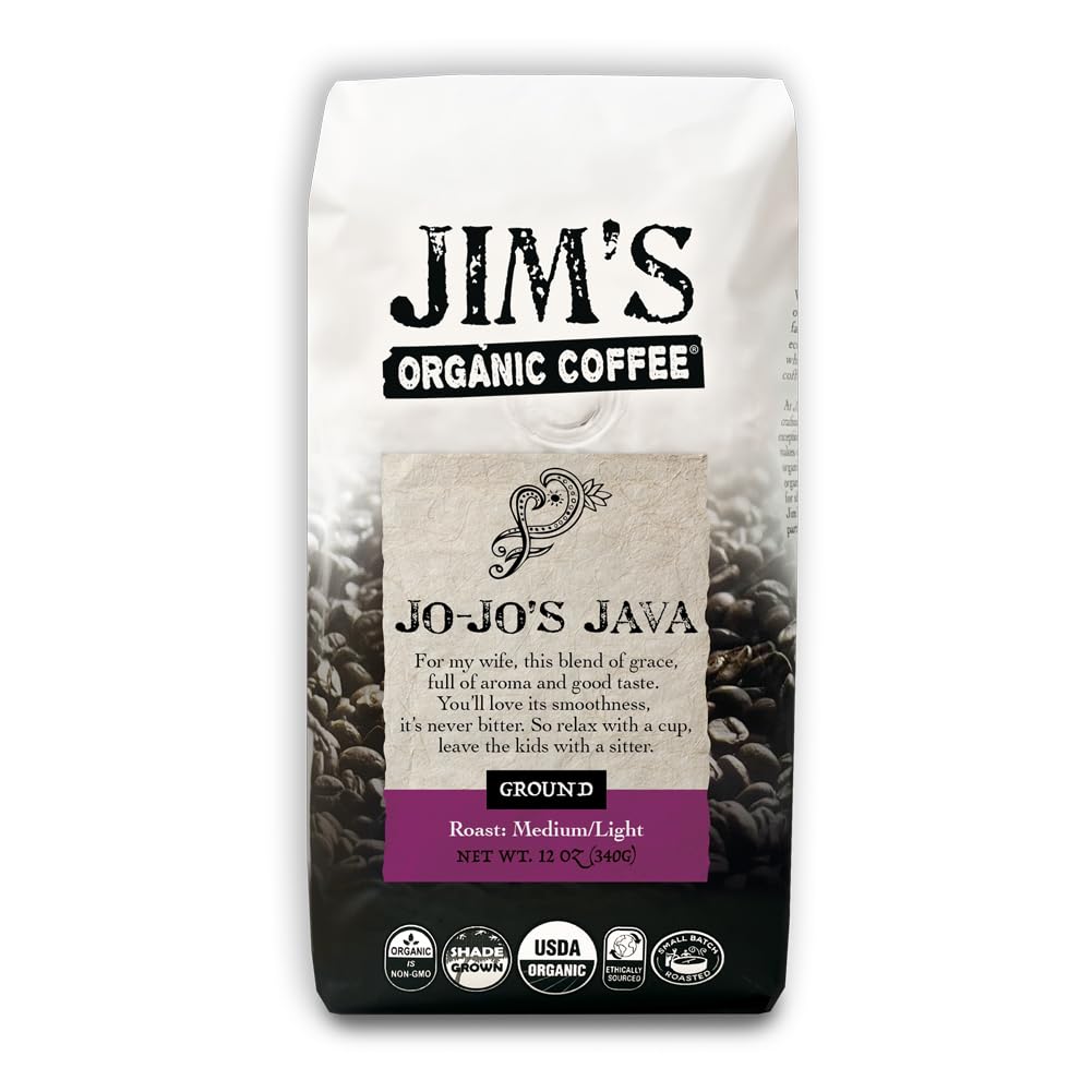 Jim’s Organic Coffee – Jo-Jo's Java Blend: Ground Coffee – Medium/Light Roast 12oz Bag– Certified Organic, Regeneratively Grown, Ethically Sourced, Shade Grown Coffee