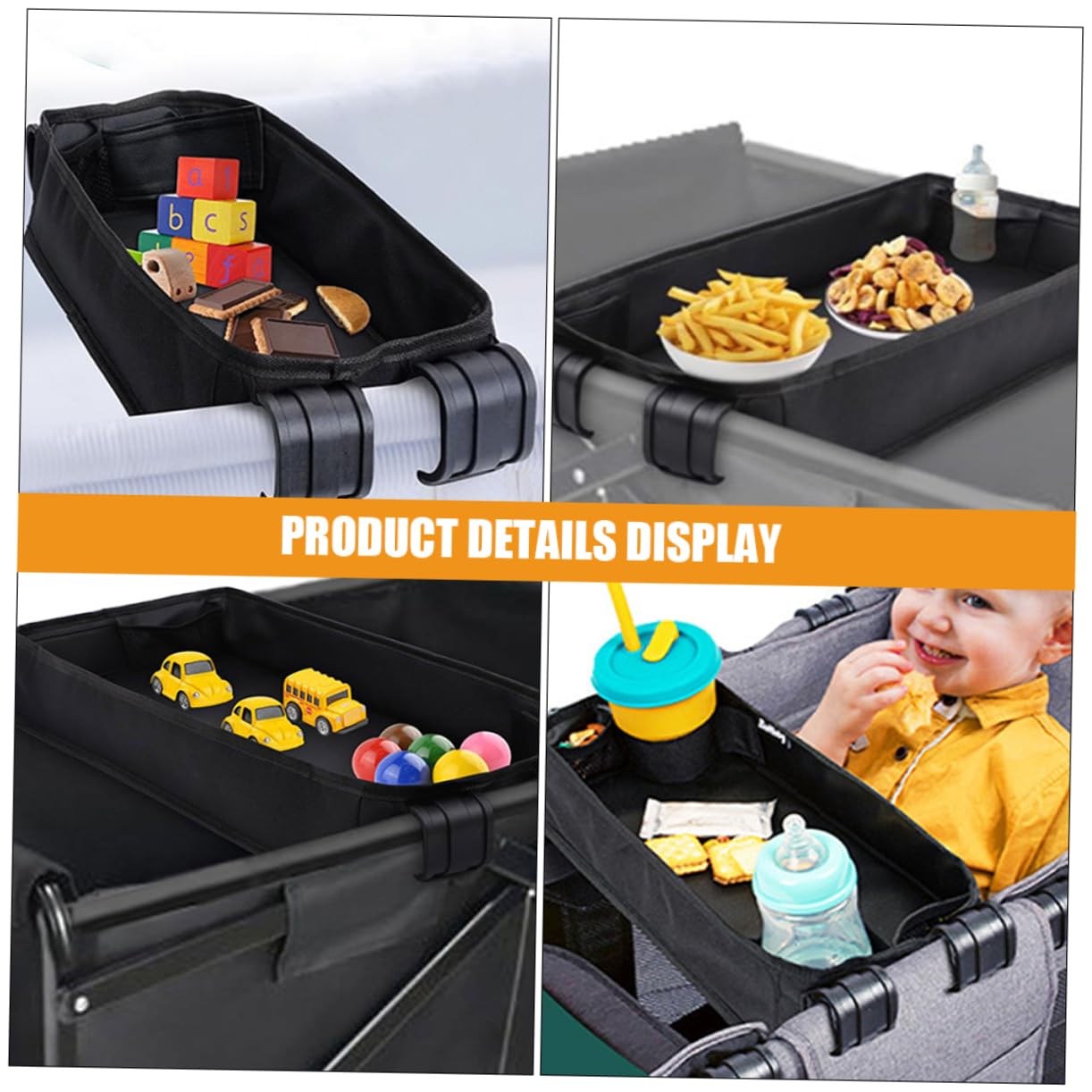 GARVALON Kinderwagen Snack Tray mit Getränkehalter Verstellbarer Organizer für Junge Mädchen und Kleinkinder Clip Tischaufsatz für Kinderwagen Schwarz