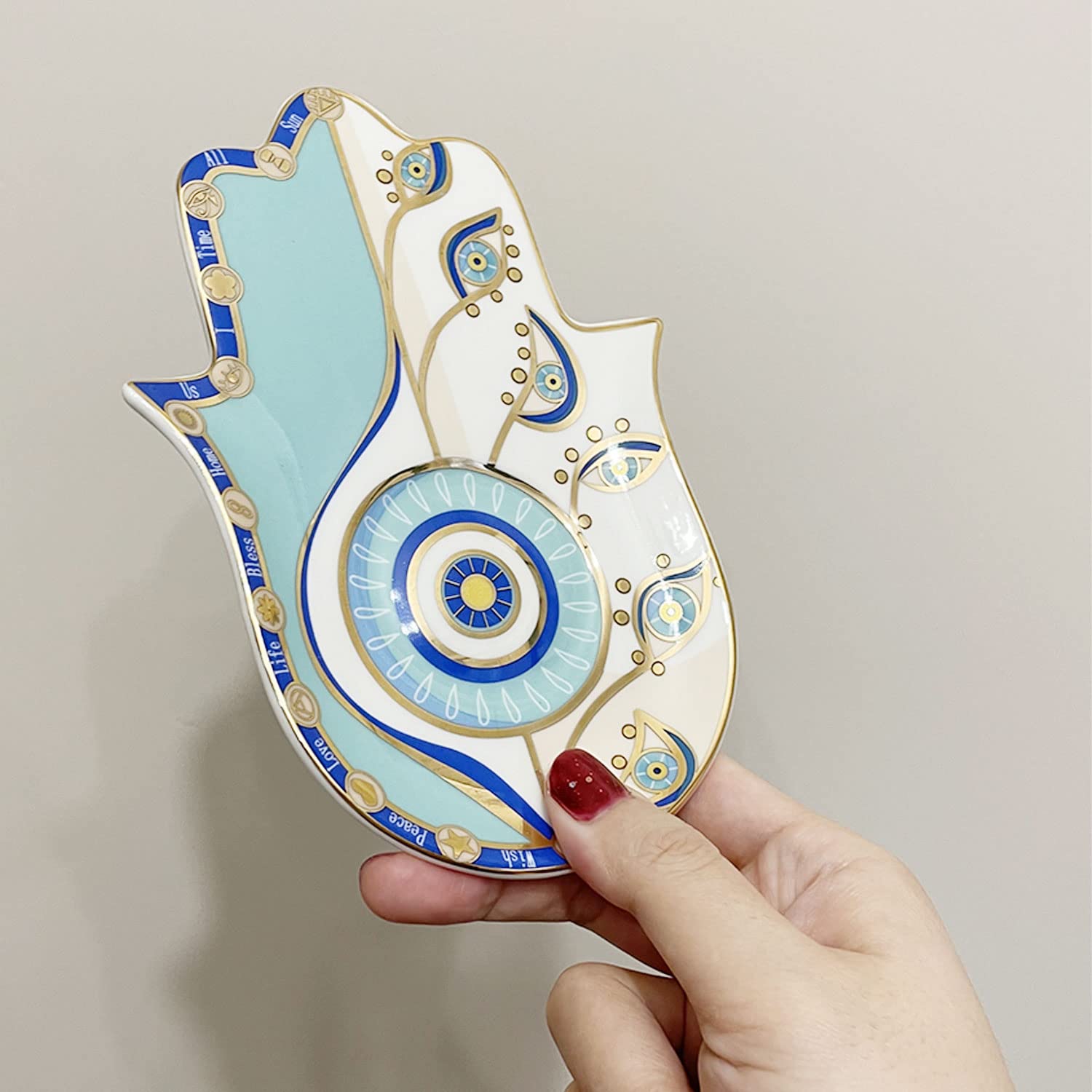 Ceramiczny uchwyt na kadzidełka Hamsa – mosiężny uchwyt na kadzidełka 2 w 1 na patyczki i kadzidła cewki – dekoracja zen z ręką Fatimy, ochrona przed złem, 15,7 cm dł. x 11,4 cm szer. (niebieski)