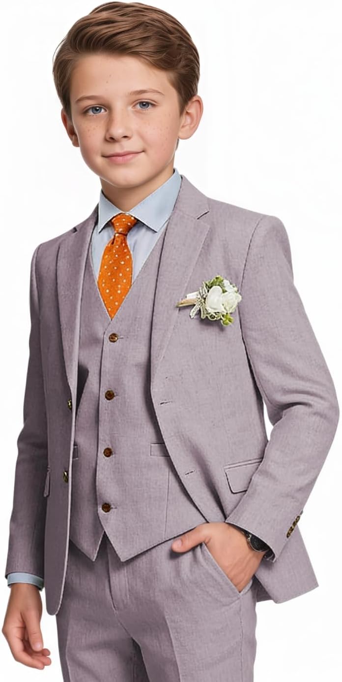Boys Linen Suits Formal 3 Piece Beach Wedding Suits for Boy with Jacket Vest Pant Set Kids Dinner Party Tuxedo