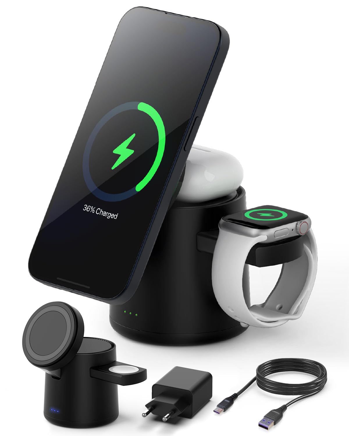  **3 in 1 Magnetic Wireless Charger 18W Quick Charge per iPhone 16/15/14/13, Apple Watch e AirPods**
| **Compact Adjusta