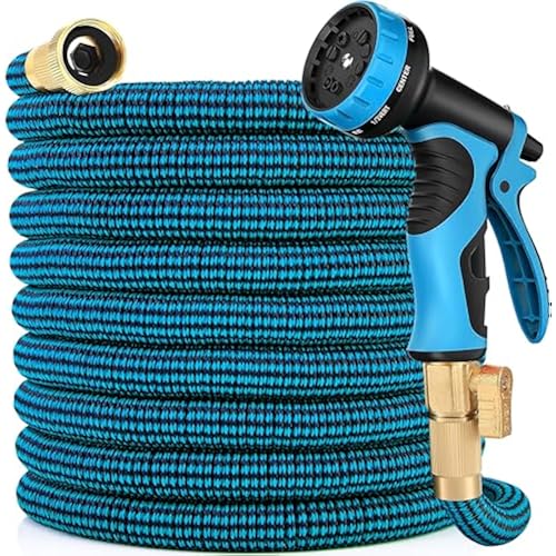 50 ft Expandable Garden Hose with 10 Function Nozzle Sprayer, Lightweight Flexible Water Hose with Durable Collapsible Latex Core & Solid Brass Fittings, 50ft Retractable Stretch Hose Black & Blue