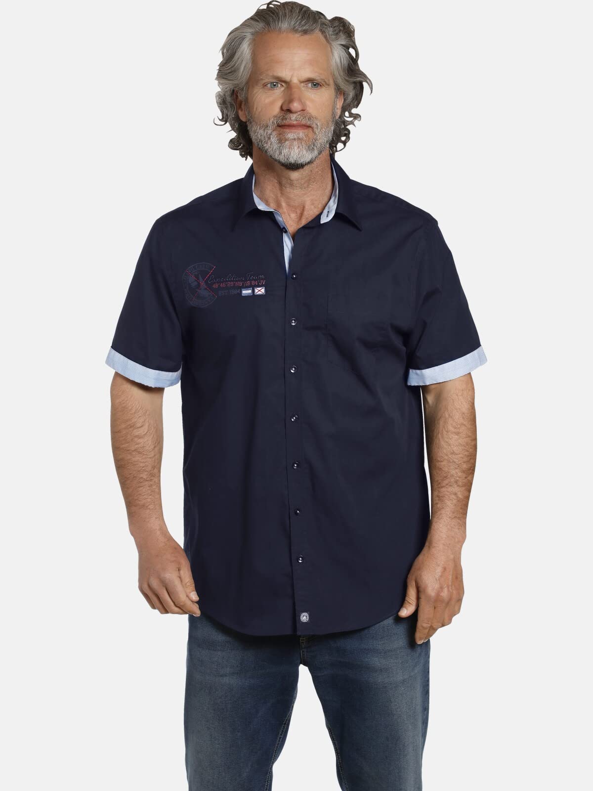 Jan Vanderstorm Herren Hemd Fynnjard | kurzarm mit Kentkragen, einfarbig mit Kontrast-Details | maritimes Freizeithemd | 100% Baumwolle | große Größen L-7XL