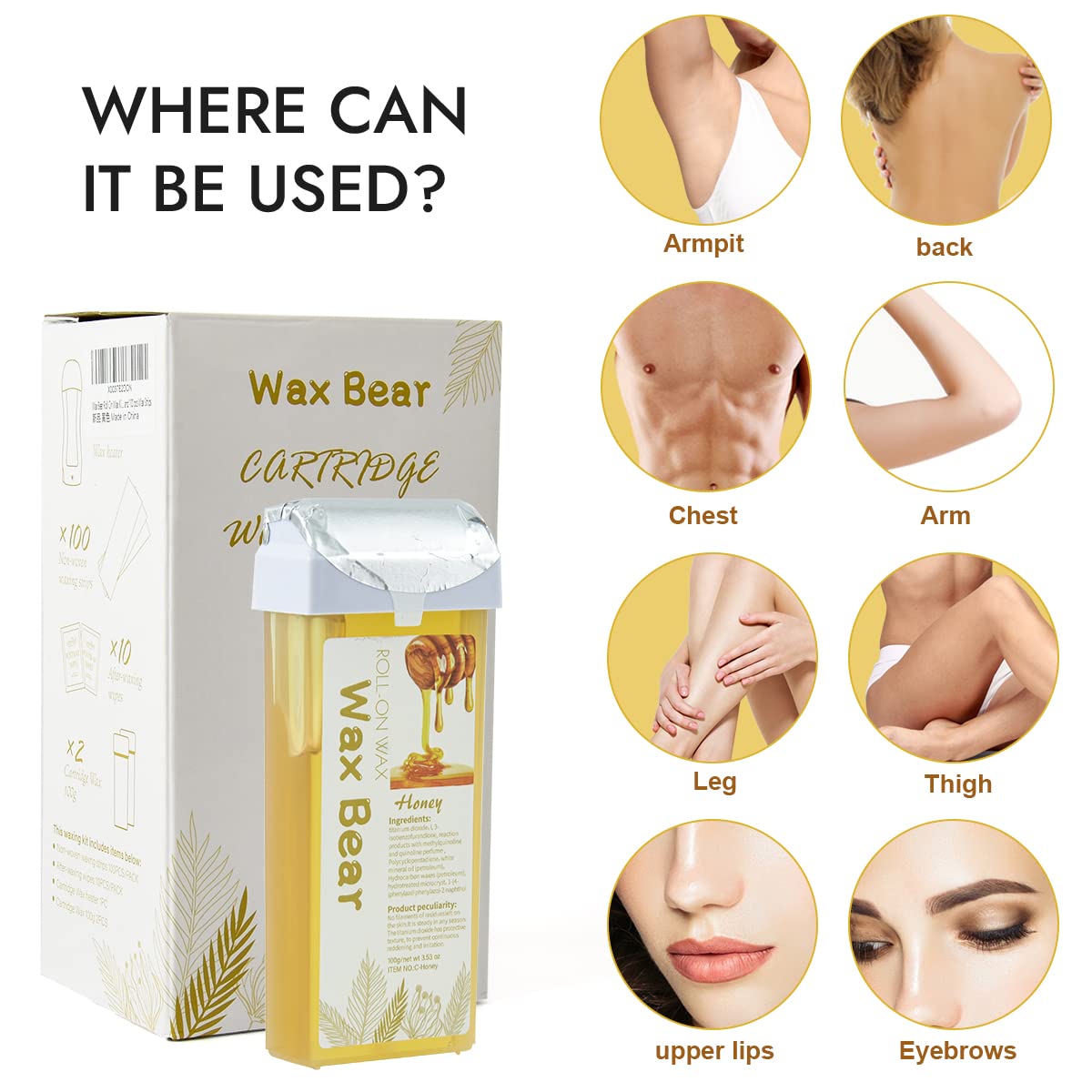 Wax Bear Roll On Wax Kit,Depilatory Wax Roller Kit for Sensitive Skin, Soft Wax Heater with 2 Cartridge Refill,10 Wipes and 100 pcs Wax Strips