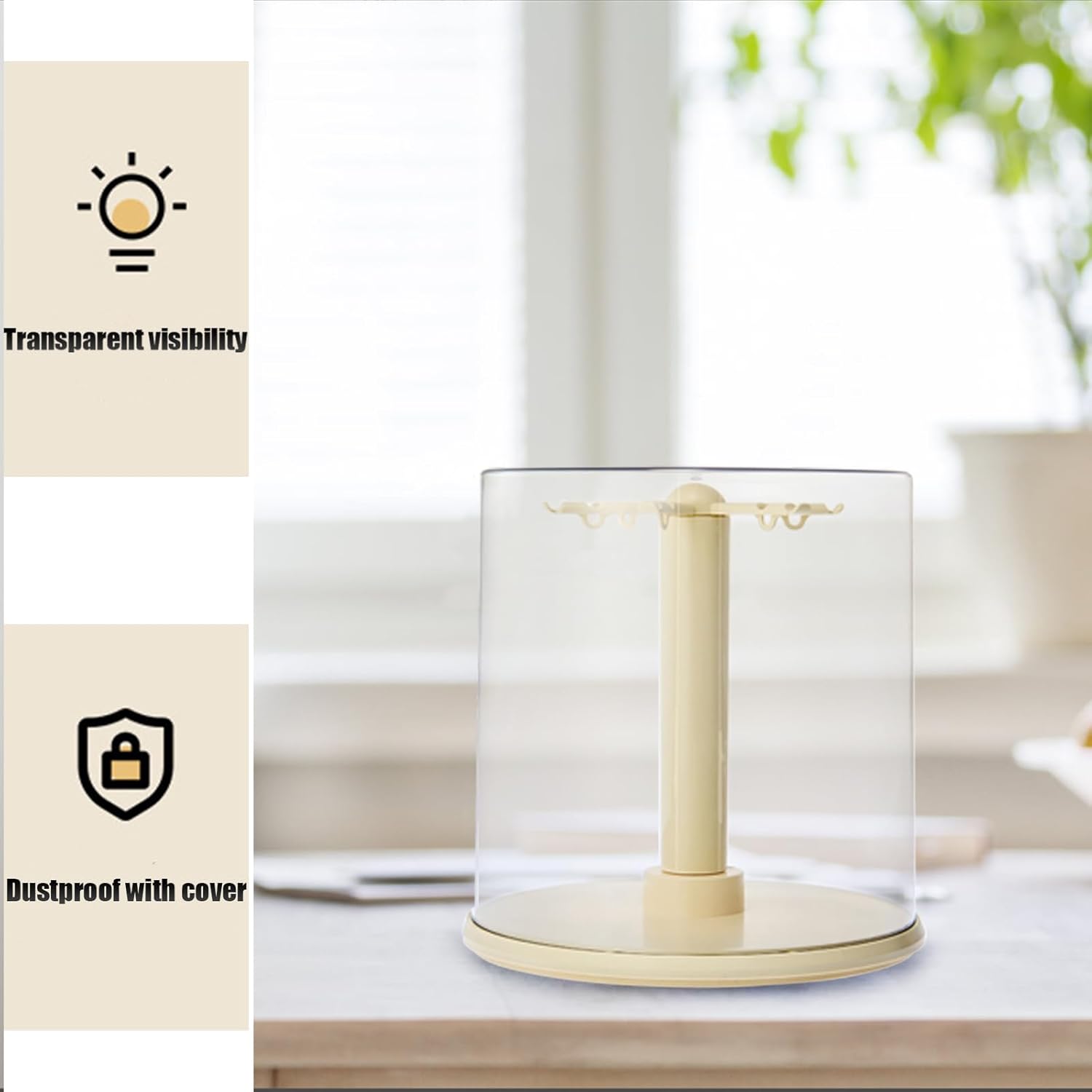 Rotating Clear Display Case for 6.7 inch Doll Keychains, Display Stand for Plush Dolls, Storage Box, Dust and Moisture Proof, All-Round Display (NO Dolls) (Cream Yellow)