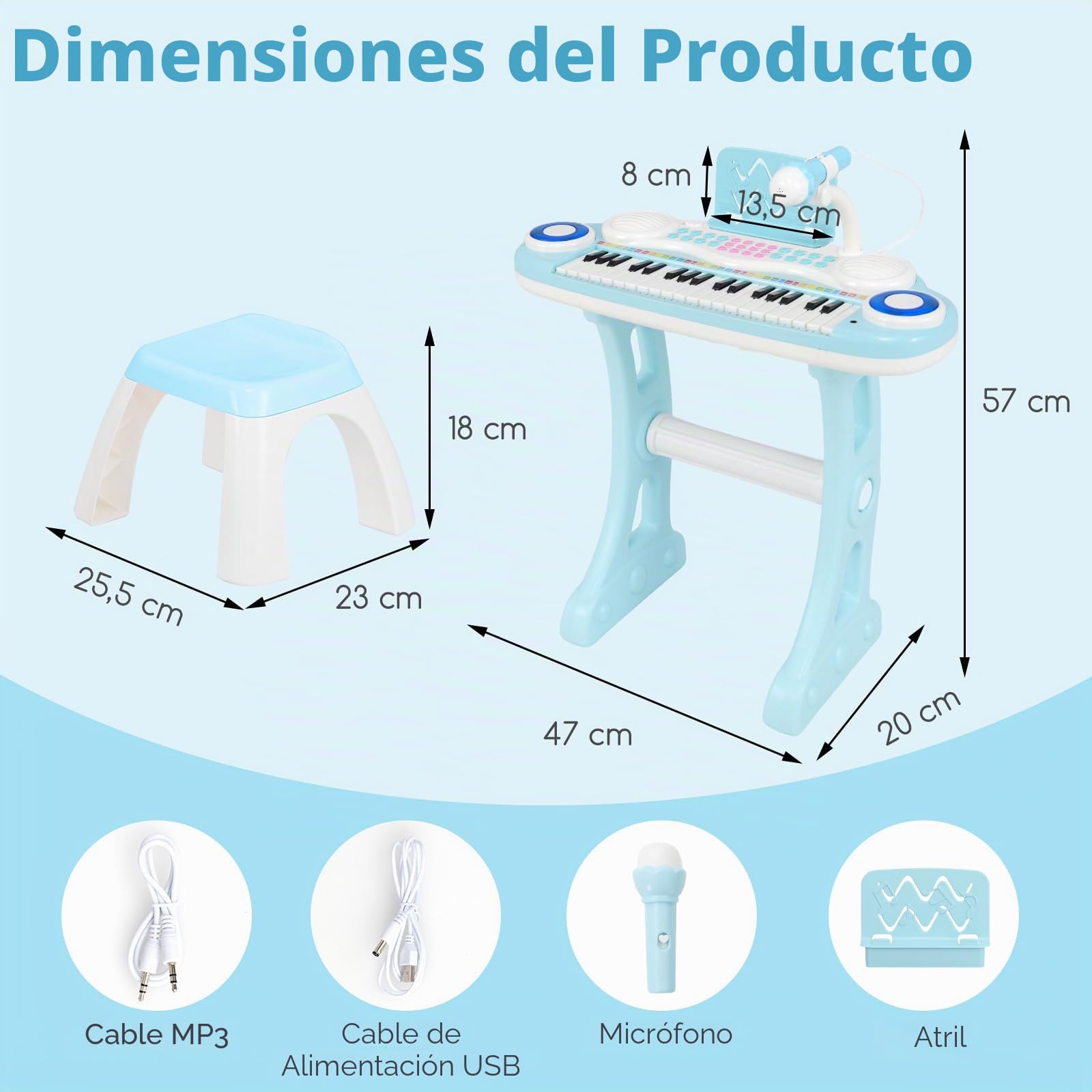 RELAX4LIFE Piano Infantil 37 Teclas con Micrófono, Soporte, Atril y Taburete, Piano Eléctrico con Función de Grabación, 8 Tonos, 8 Ritmos, USB/MP3 para Niños 18+ Meses, Juguetes Niños 1 Año (Azul)