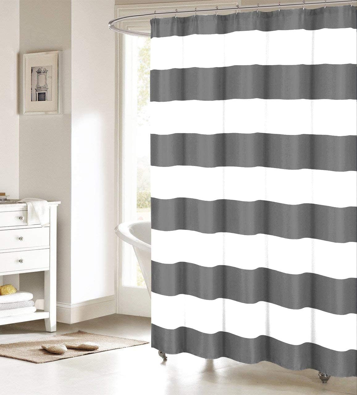 Fabric Shower Curtain: Nautical Stripe Design (Grey and White) 66x72inch