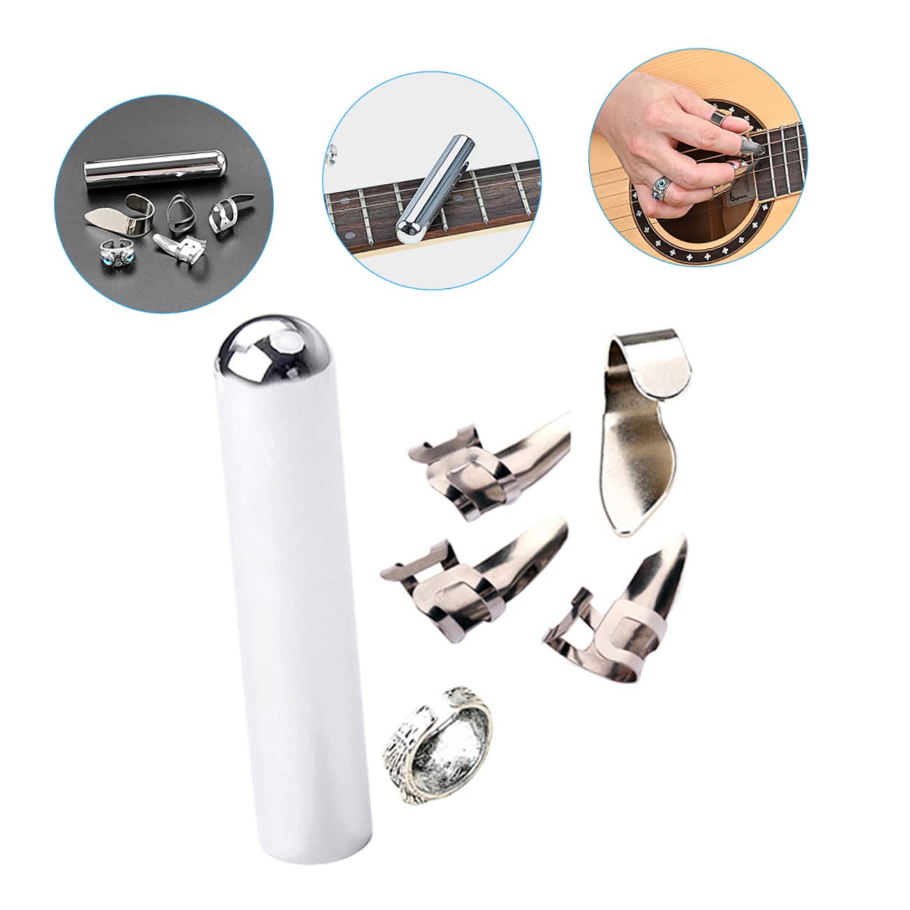 Toddmomy Firm Metal Guitar Slide Bar Thumb Finger Pick Electric Guitar Accessory Fashionable Cat Eye Ring Set