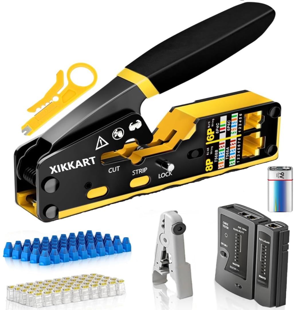 XIKKART RJ45 Crimping Tool Kit | Pass Through Ethernet Crimper for Cat7, Cat6, Cat5 | Network Cable Crimping Tool with 20PCS Cat6 Connectors + 20PCS Boots | RJ11 RJ45 Cable Tester With 9V Battery