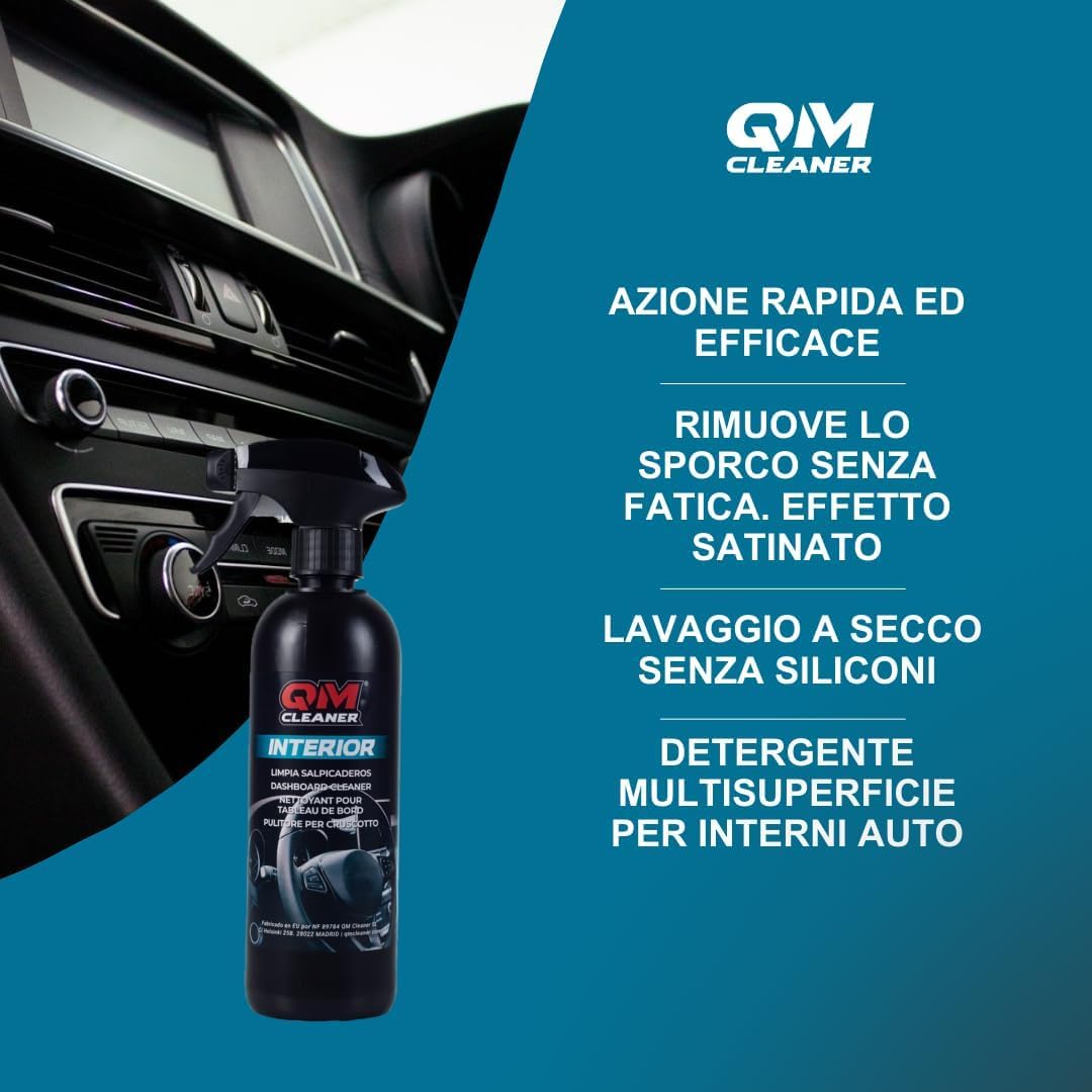 QM Cleaner Kit per la pulizia degli interni del veicolo Pulisce cruscotto, plastica, vetro e schermo per auto Include detergente per cruscotto 500ml, detergente per vetri/schermo 500ml e 2 panni extra