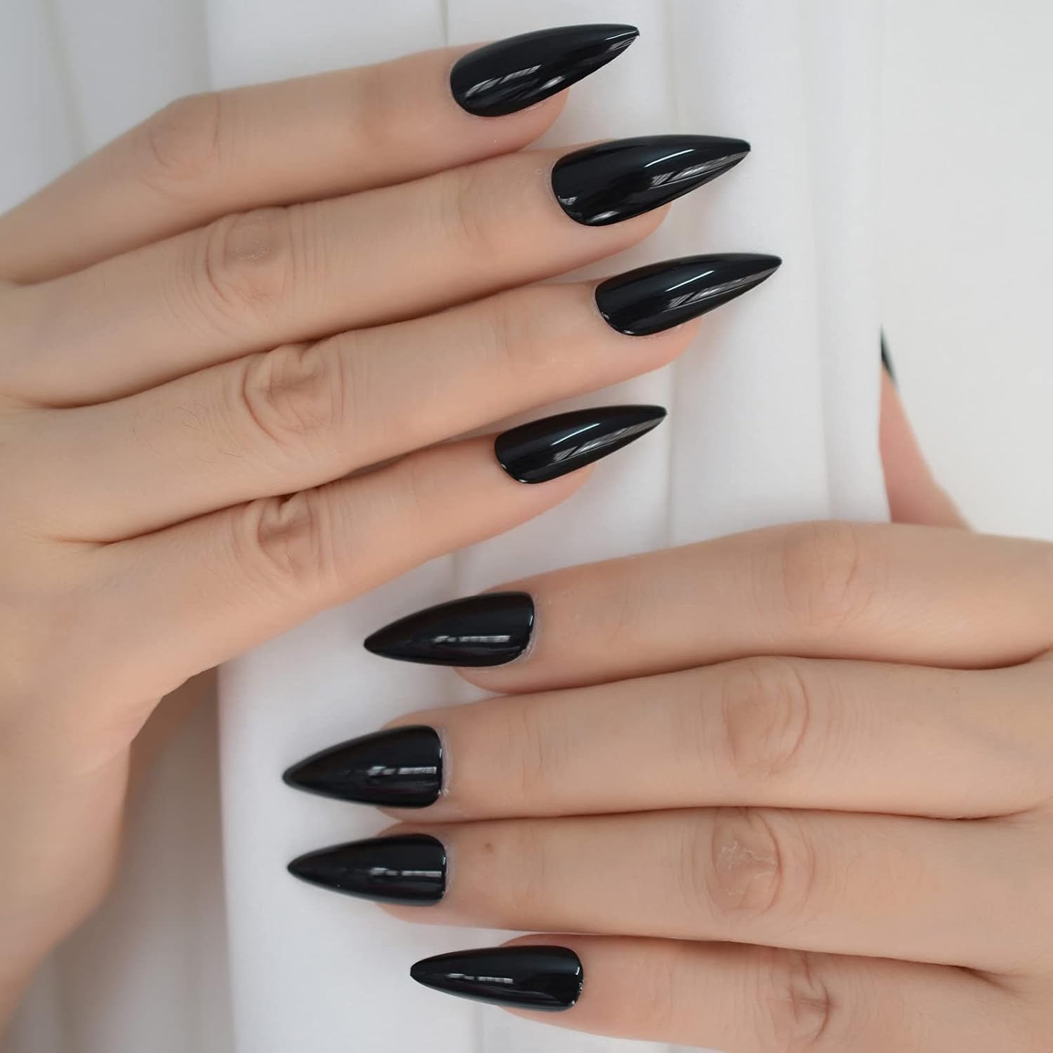 Black Press On Nails iMABC Stiletto Fake Nails Solid Color Gel False Nail Patch Medium Length Full Cover Reusable Thick Acrylic Nail Tips 24 For Women Girls