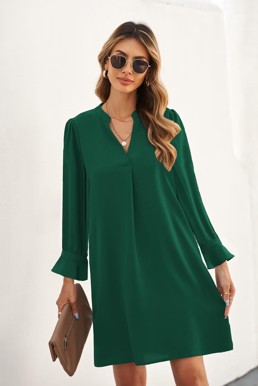 Wkior Fall Dresses for Women Cute V Neck Loose Cute Casual Long Sleeve Shift Dress Dark Green M - Image 2
