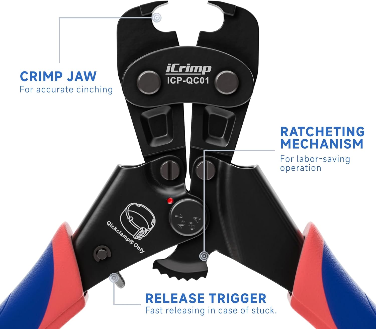 Detailed view of iCrimp ICP-QC01 showing crimp jaw, ratcheting mechanism, and release trigger
