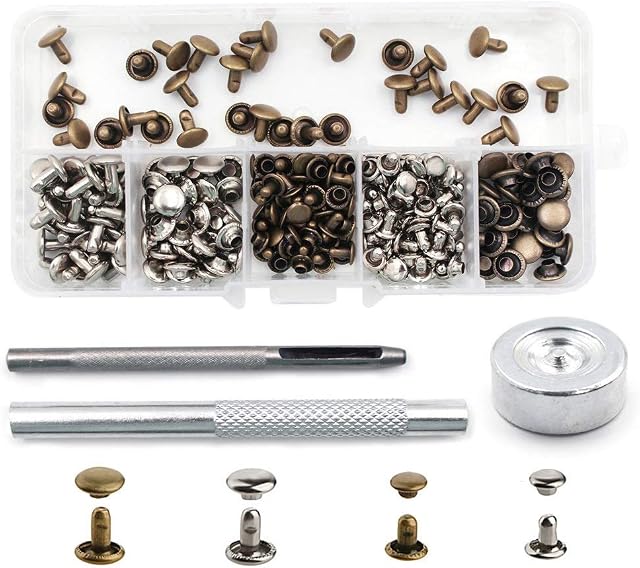 Bestgle 120 Sets Leather Rivets with Fixing Tool Kit, Double Cap Rivet Replacement Tubular Metal Studs Snap Fasten Kit for DIY Leather Jeans Clothing Craft Repairing Decoration (Silver,Bronze)