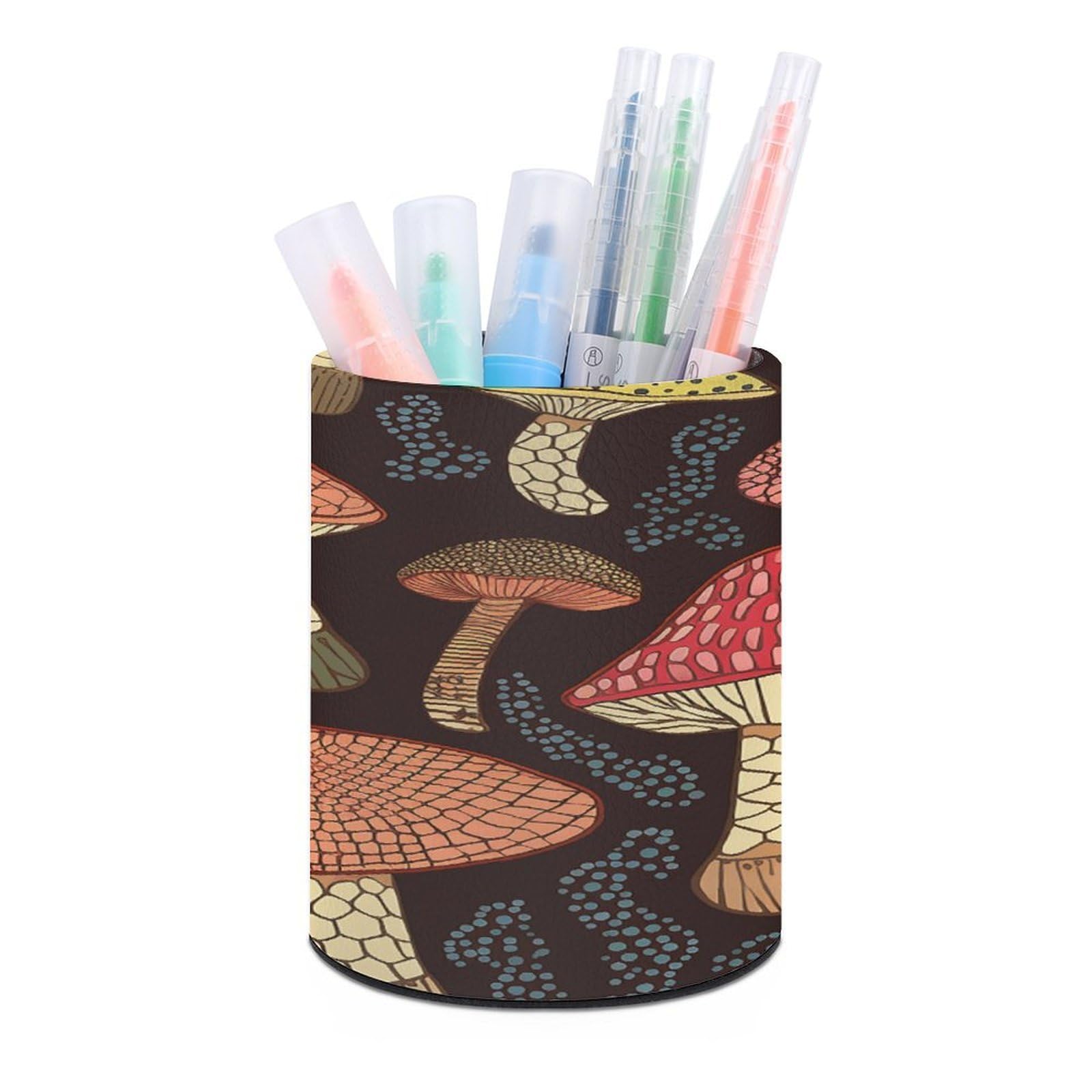 VstaDank Mushroom Pen Holder PU Leather Pencil Cup Minimalist Desk Pencil Holder Round Make Up Brush Organizers For Office Dorm Room&Vanity Desk Accessories