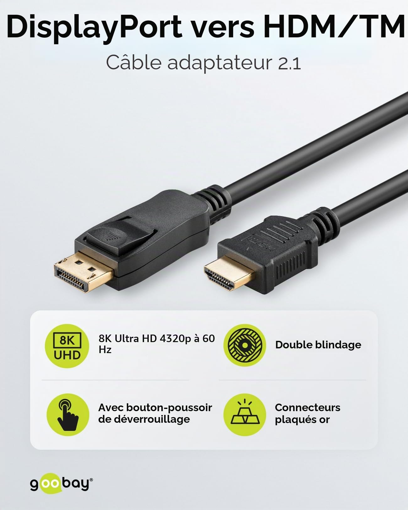 goobay 64848 - Câble DisplayPort 2.0 vers HDMI 2.1 8 K @ 60 Hz - Câble de connexion DP vers HDMI - Câble haute vitesse 4 K @ 144 Hz - 5 m